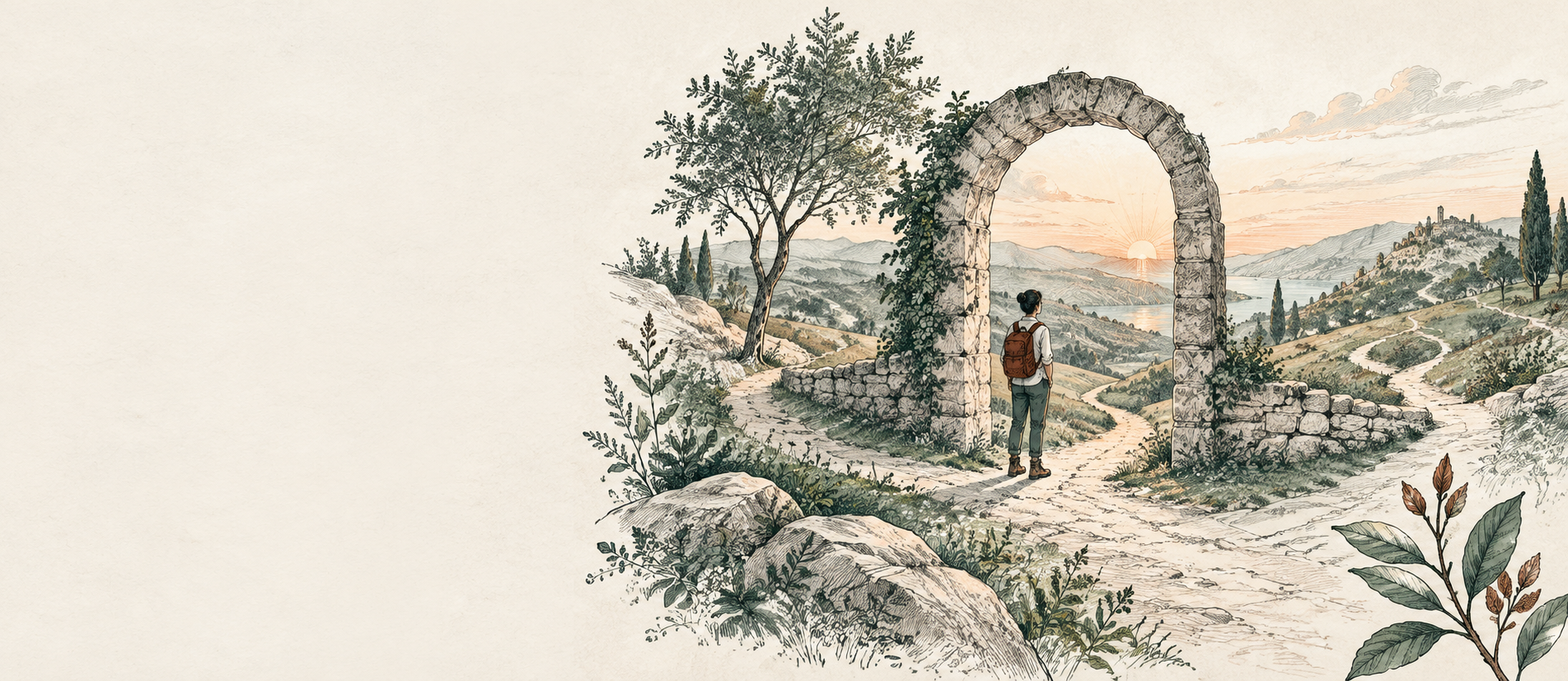 Ilustración original de un umbral abierto, un camino y brotes hacia un nuevo horizonte